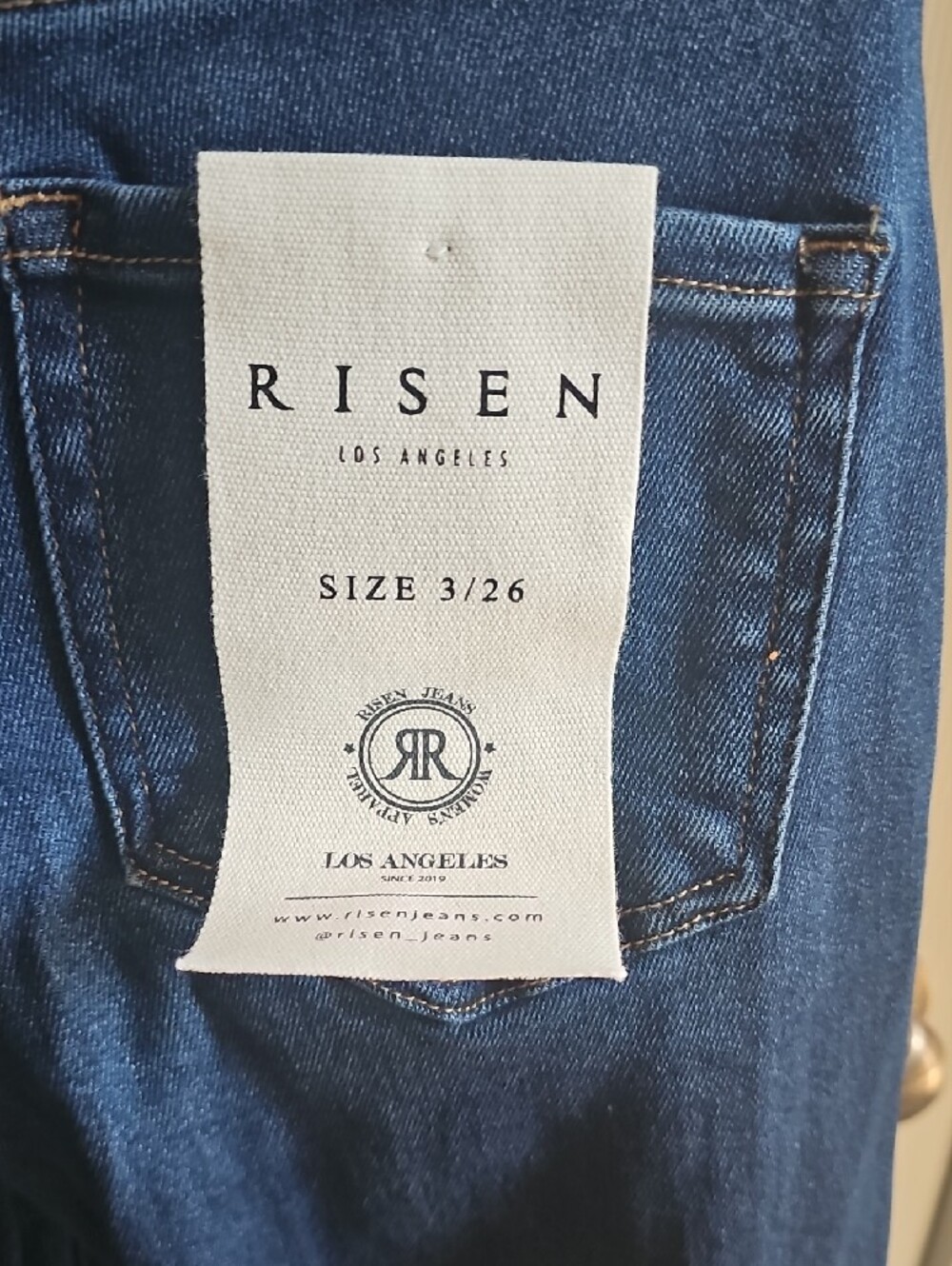 RISEN Deep Indigo Jeans with Tan Patch Detail - Picture 5 of 6
